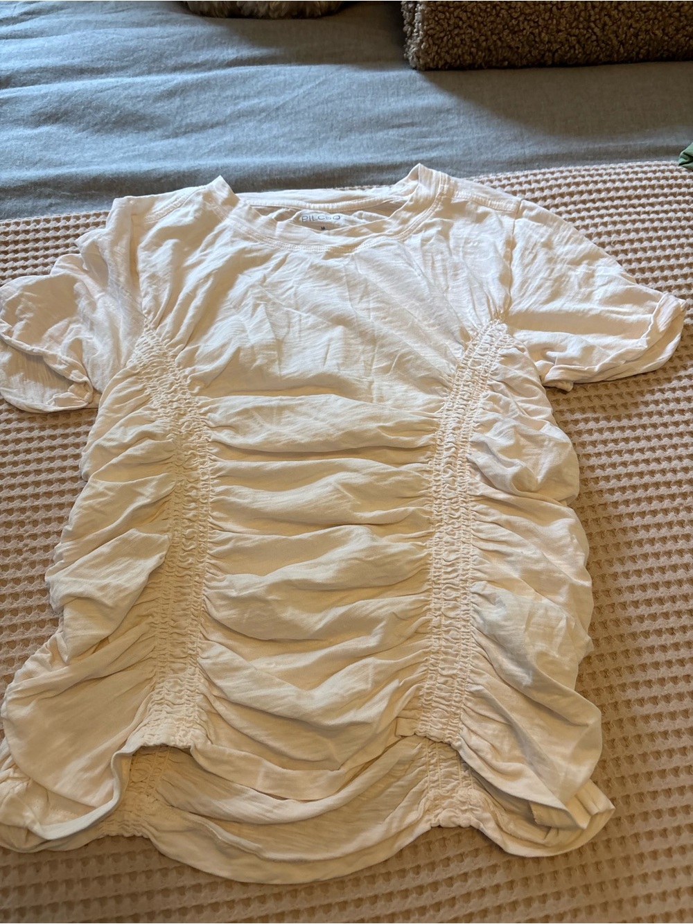 Pilcro Womens M Cream Ruched Short Sleeve cotton crew neck